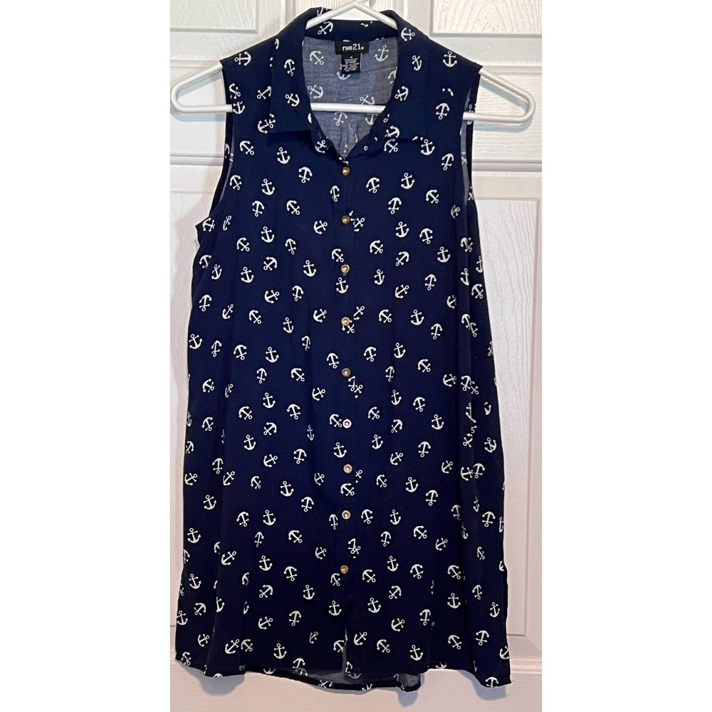 Rue 21 Junior Blue White Anchors Sleeveless Size S 26" Long x 17" Pit to Pit